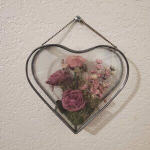 Vintage Dried Flowers Heart Leaded Glass Sun Catcher Octagon / W. VA - EUC